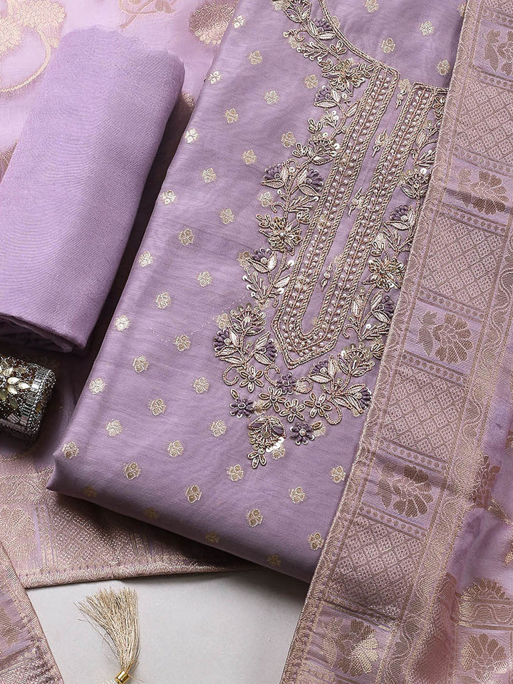 Embroidered Chanderi Unstitched Suit With Pant &amp; Dupatta