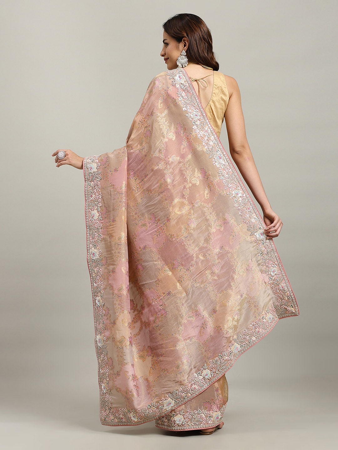 Sequin Embroidered Border Tissue Saree