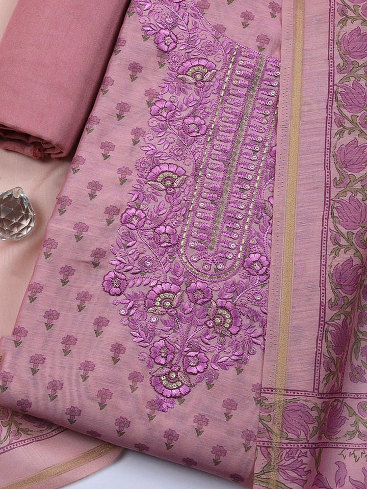 Embroidered Cotton Blend Unstitched Suit With Pant &amp; Dupatta