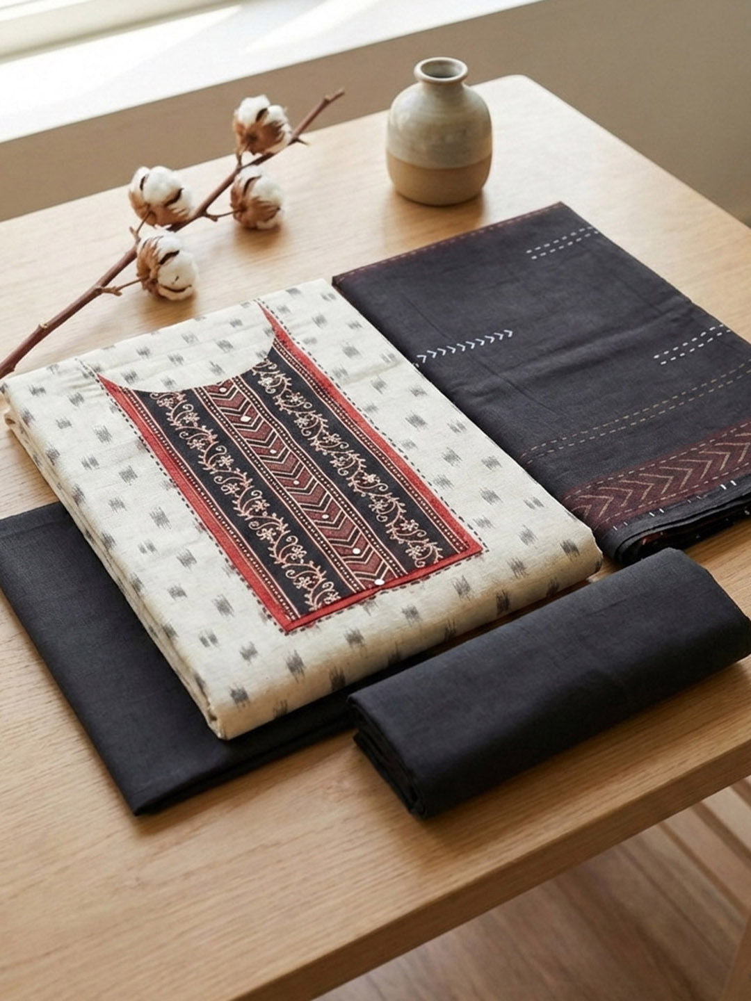 Printed Cotton Blend Unstitched Suit With Pant &amp; Dupatta