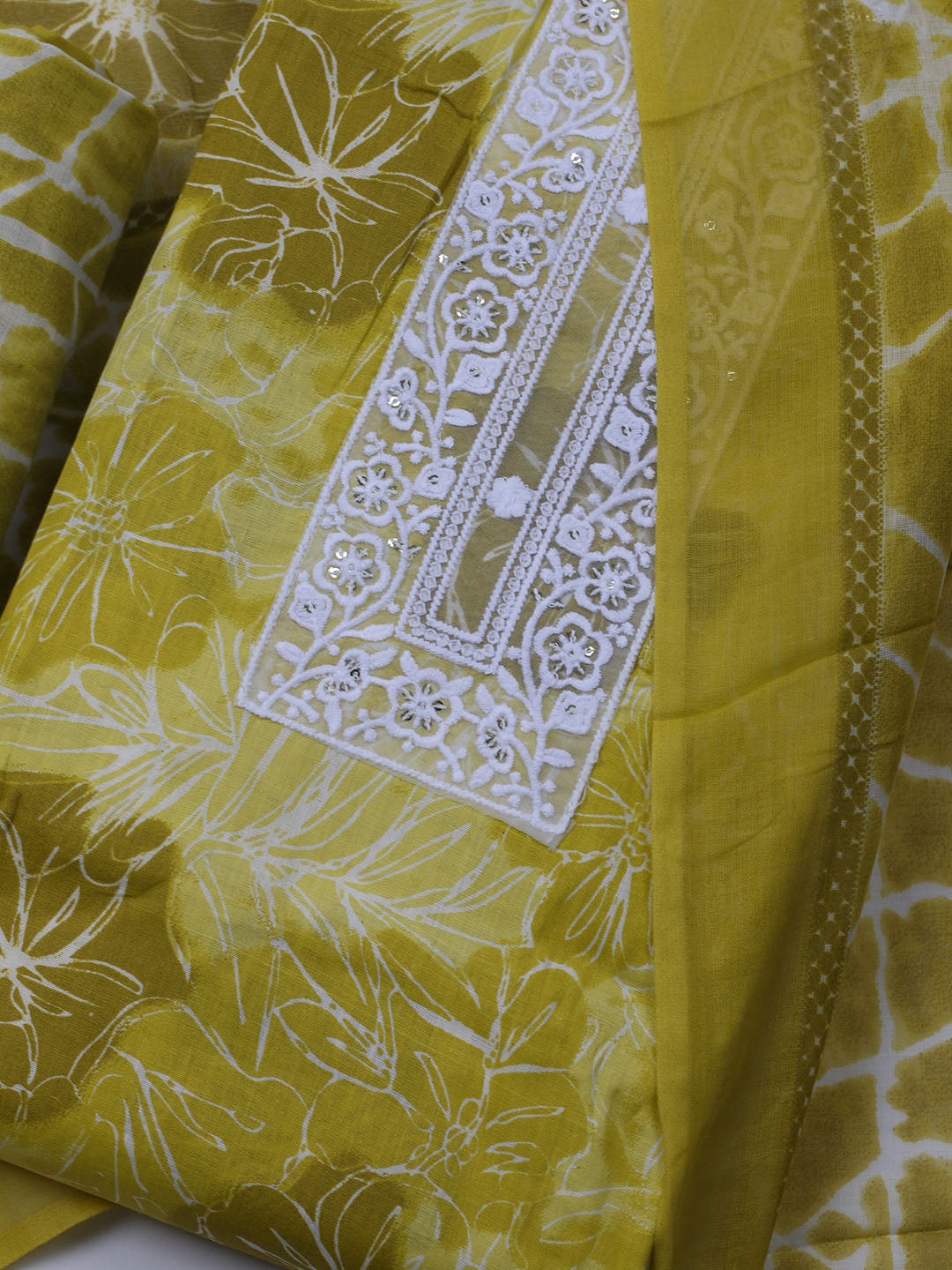 Patch Neck Cotton Blend Unstitched Suit With Dupatta