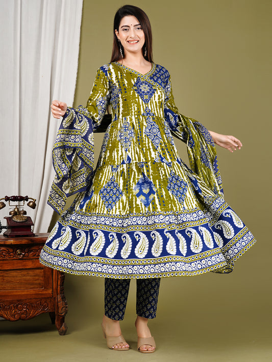 Printed Chanderi Kurta With Pants & Dupatta