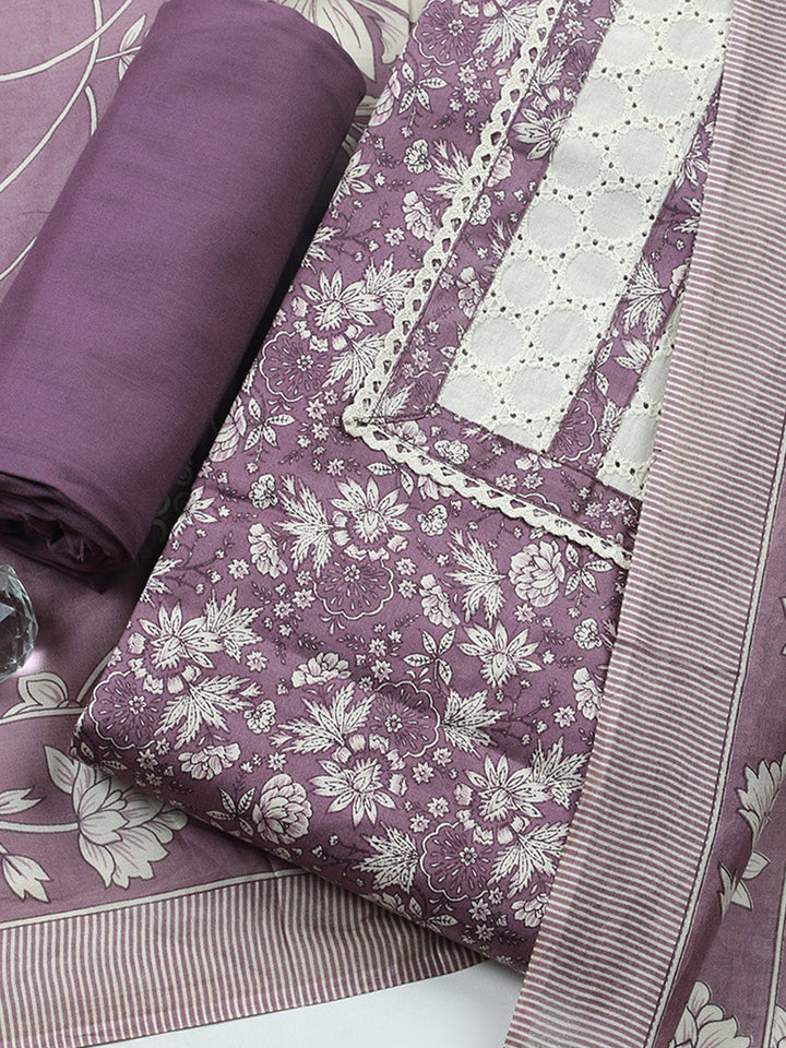 Printed Cotton Blend Unstitched Suit With Pant &amp; Dupatta