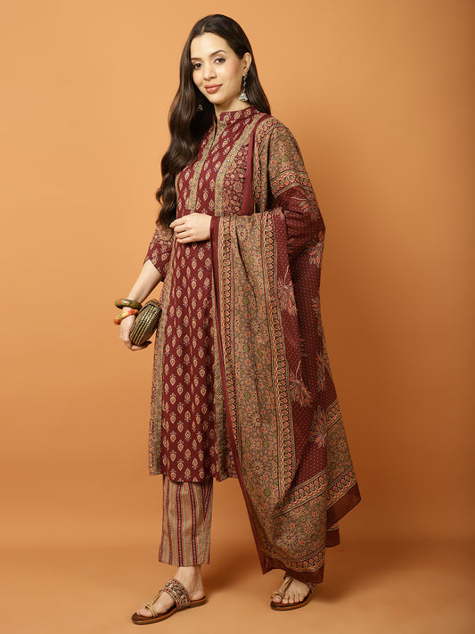 Printed Cotton Blend Suit Set with Dupatta