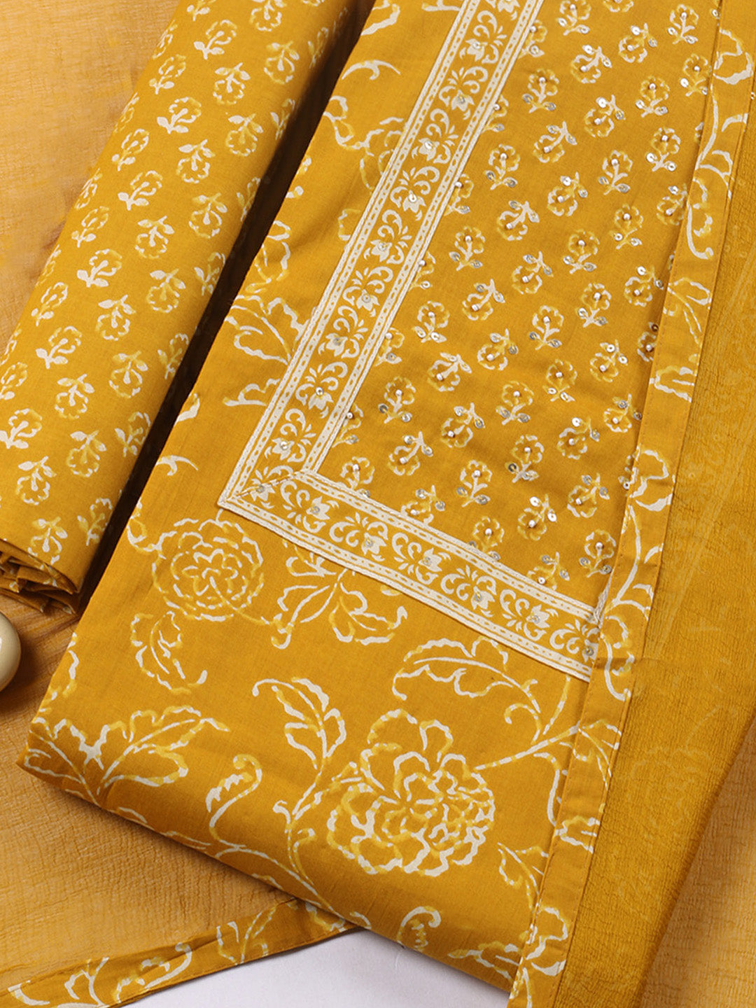 Embroidered Cotton Blend Unstitched Suit With Pant &amp; Dupatta