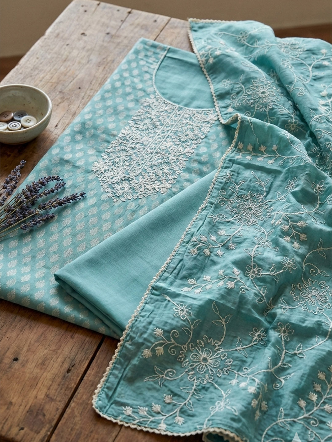 Printed Cotton Blend Unstitched Suit With Pant &amp; Dupatta