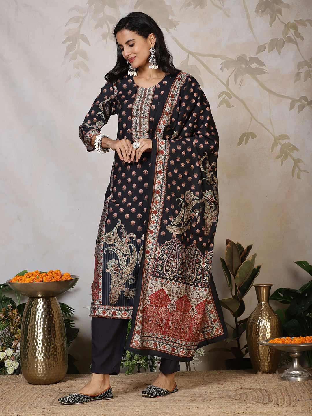 Printed Cotton Blend Kurta With Pants & Dupatta