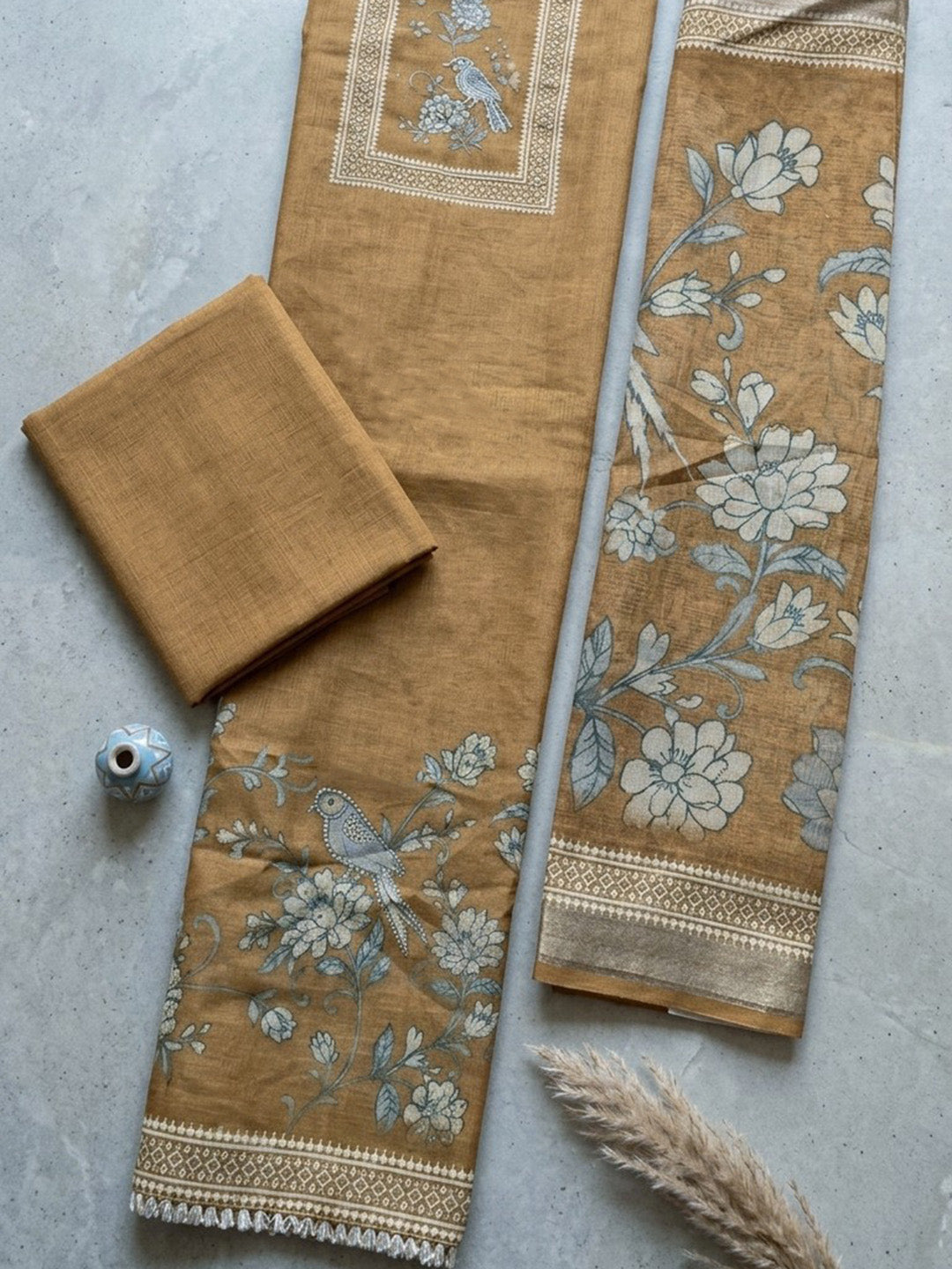 Embroidered Linen Blend Unstitched Suit With Pant &amp; Dupatta