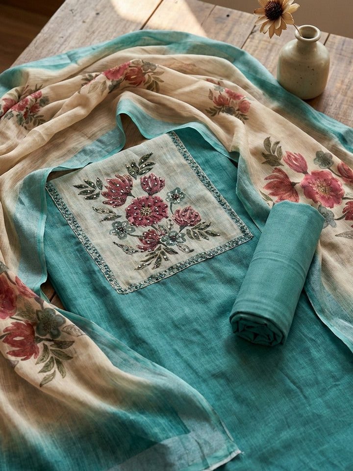 Embroidered Cotton Blend Unstitched Suit With Pant &amp; Dupatta