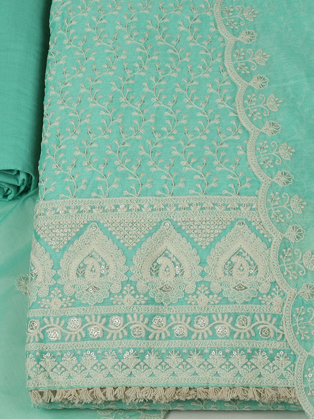 Embroidered Chanderi Unstitched Suit With Pant &amp; Dupatta