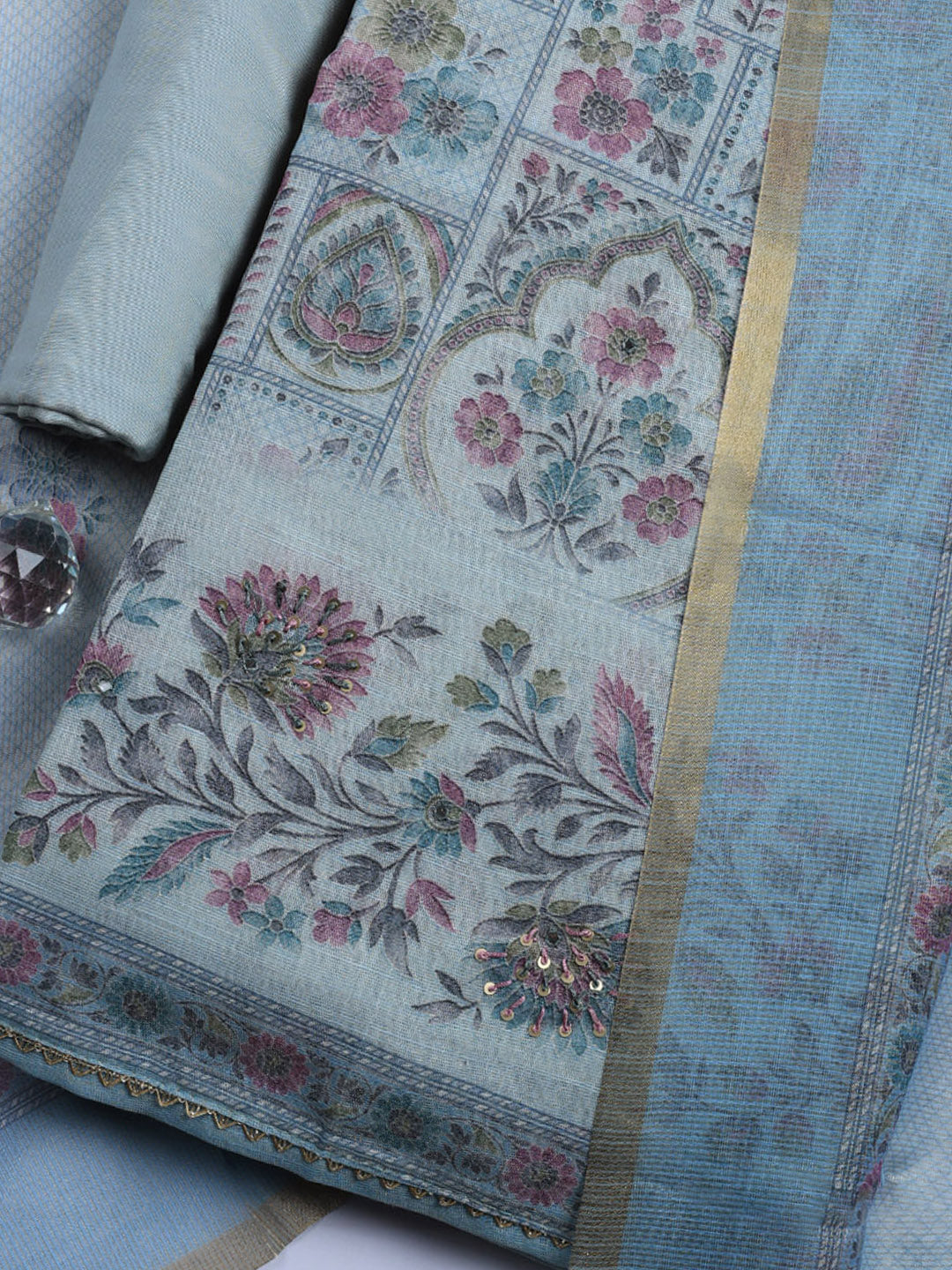 Printed Linen Blend Unstitched Suit With Pant &amp; Dupatta