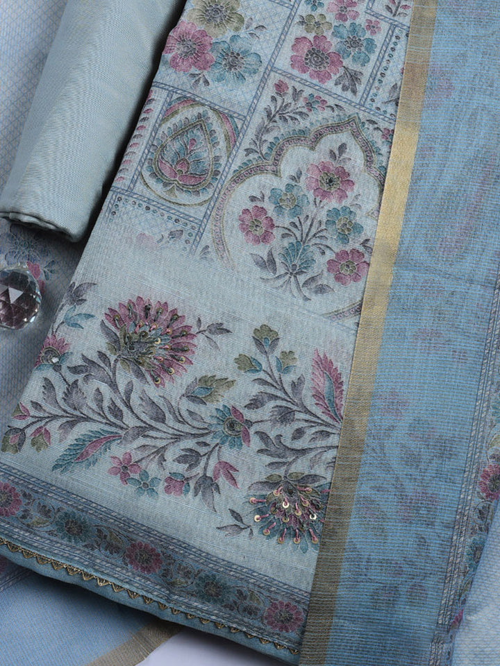 Printed Linen Blend Unstitched Suit With Pant &amp; Dupatta