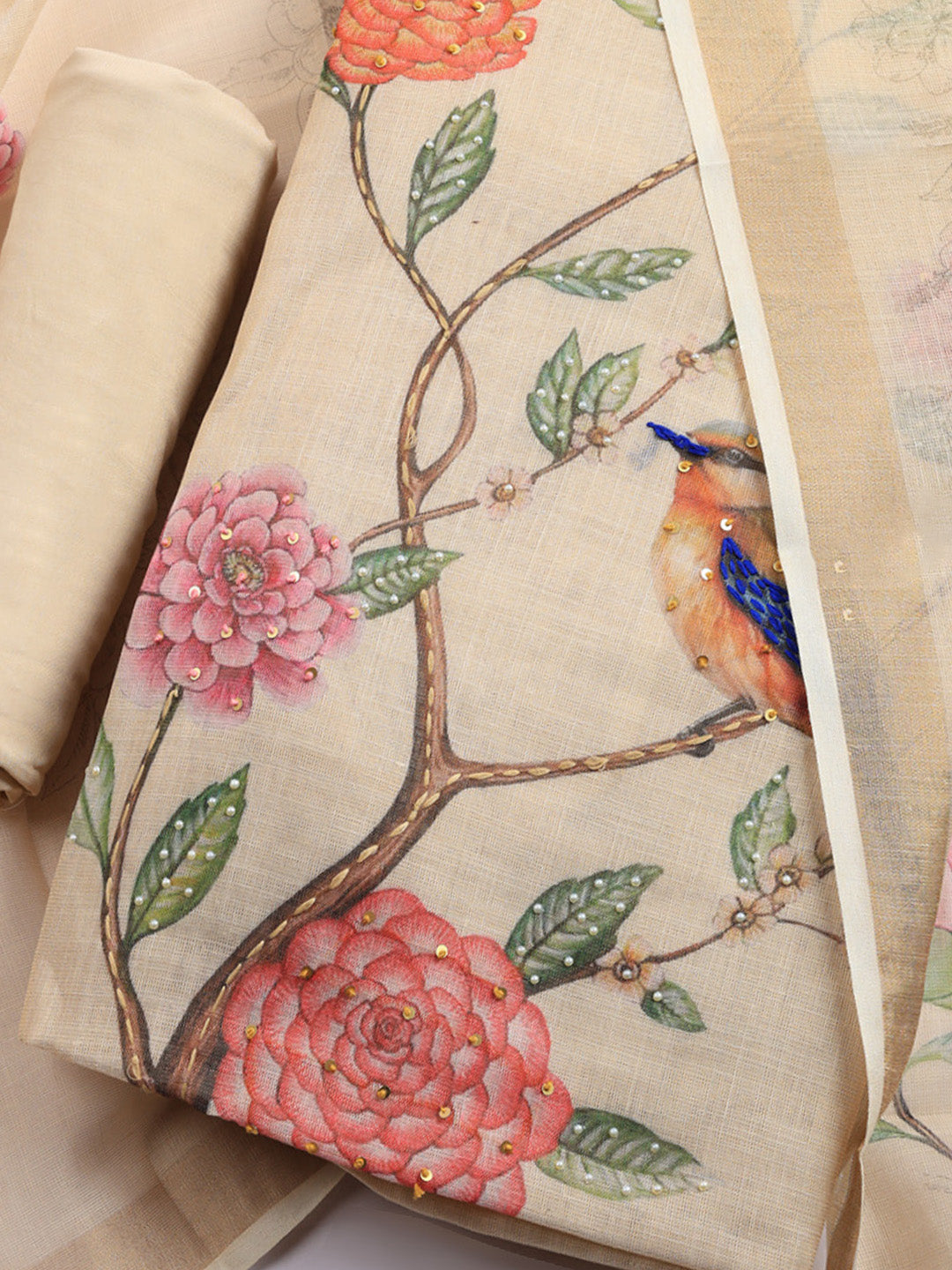 Printed Linen Blend Unstitched Suit With Pant &amp; Dupatta