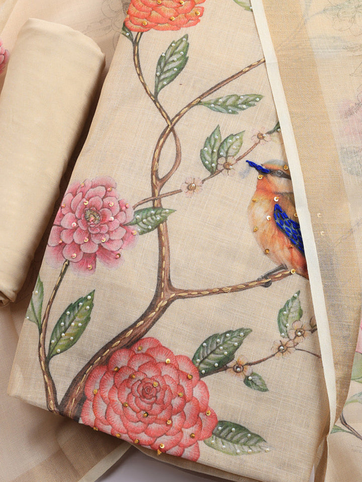 Printed Linen Blend Unstitched Suit With Pant &amp; Dupatta