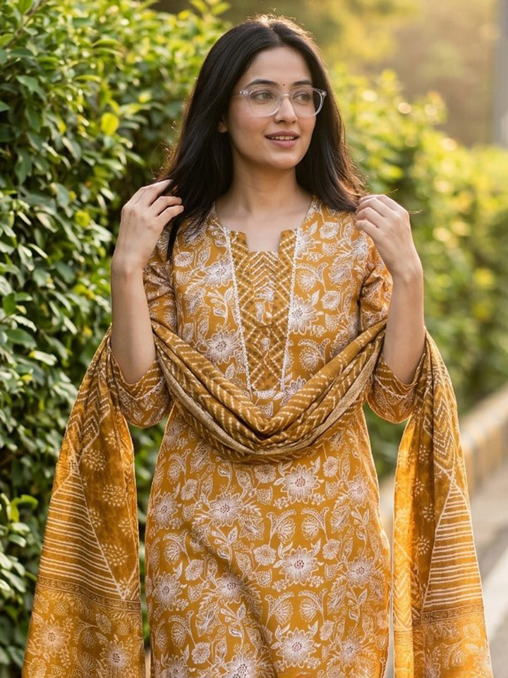 Yellow Printed Cotton Blend Straight V Neck Suit Set