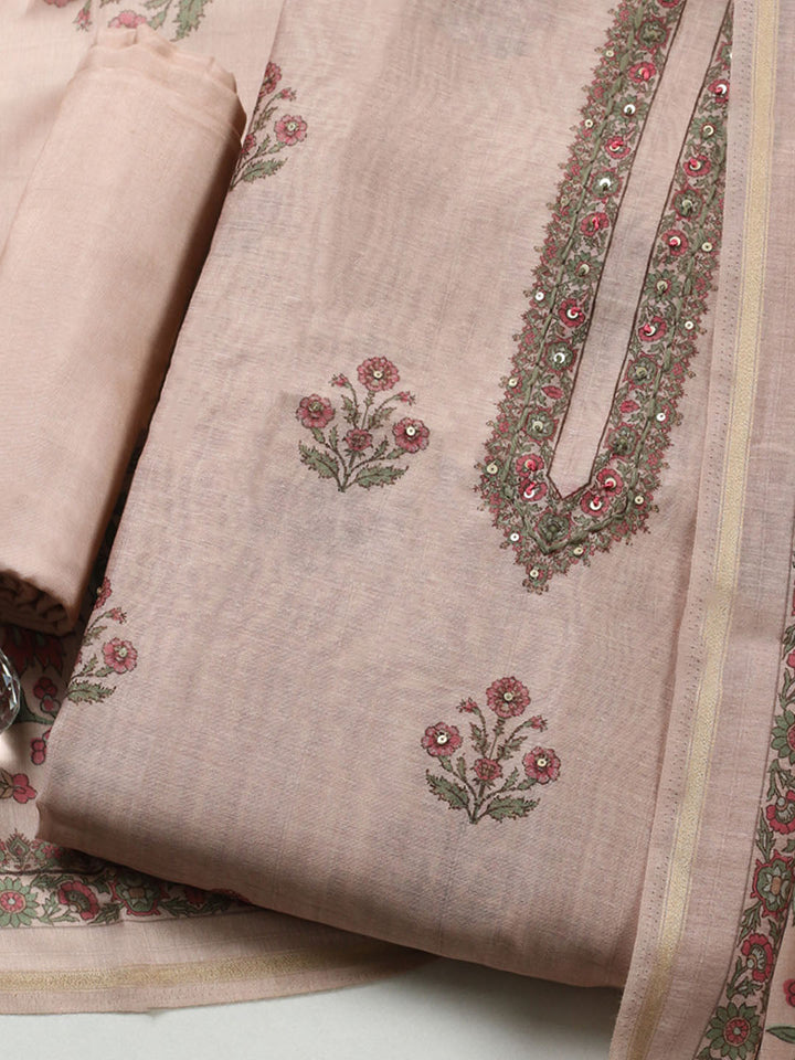 Embroidered Chanderi Unstitched Suit With Pant &amp; Dupatta