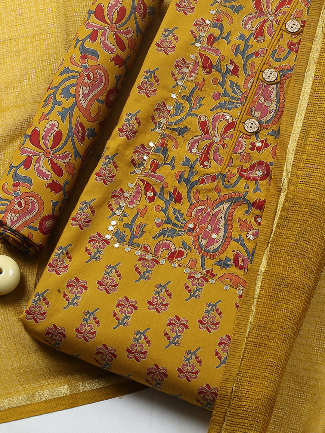 Embroidered Cotton Blend Unstitched Suit With Pant &amp; Dupatta
