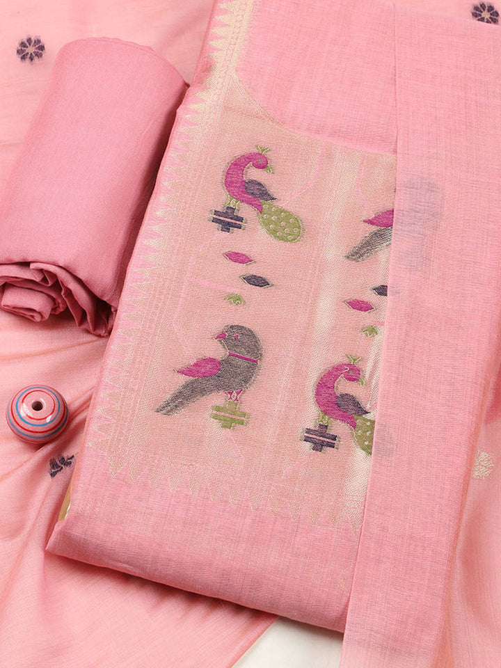 Embroidered Chanderi Unstitched Suit With Pant &amp; Dupatta