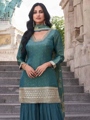 Embroidered Shimmer Kurti With Plazzo & Dupatta