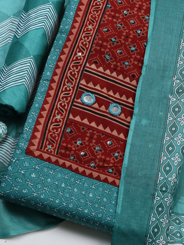 Printed Cotton Blend Unstitched Suit With Pant &amp; Dupatta