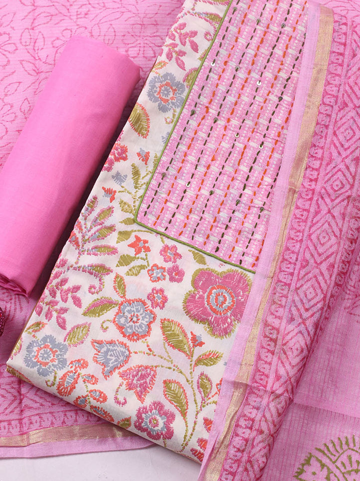 Printed Cotton Blend Unstitched Suit With Pant &amp; Dupatta