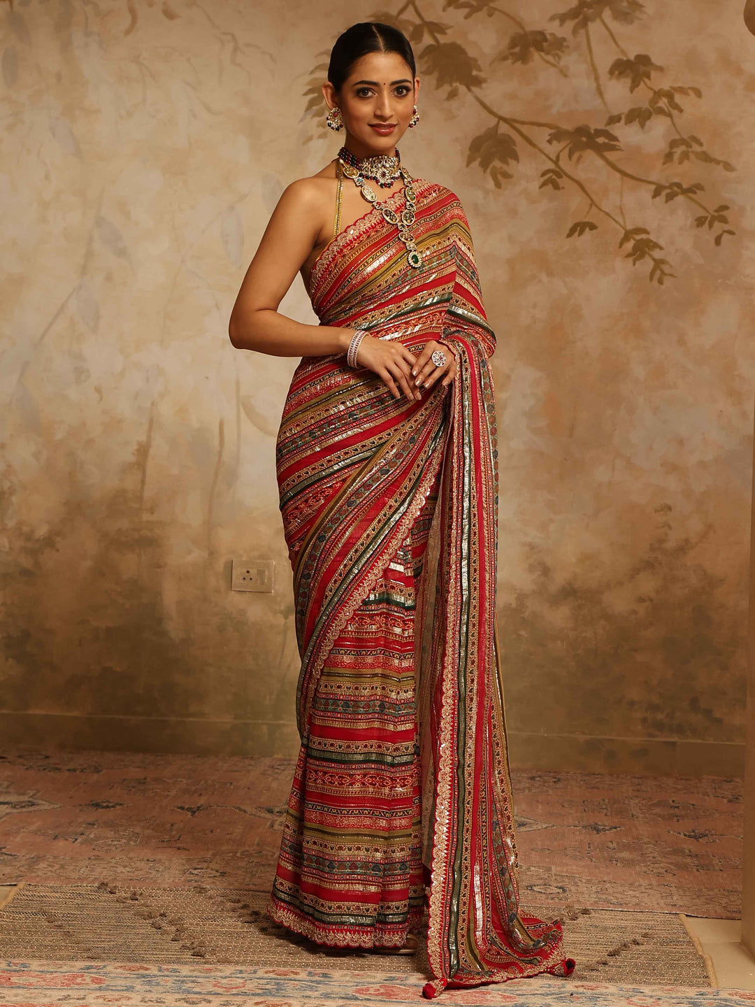 Digital Printed &amp; Zari Stripes Georgette Saree