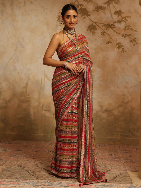 Digital Printed & Zari Stripes Georgette Saree