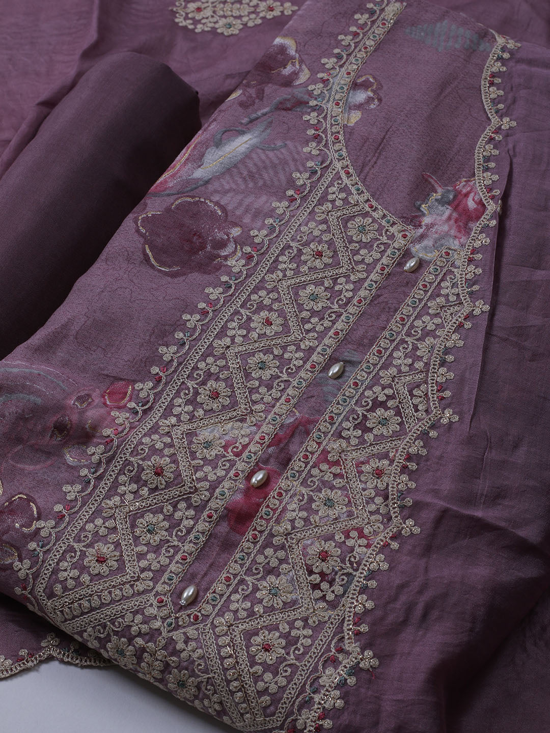 Neck Embroidered Chanderi Unstitched Suit With Dupatta