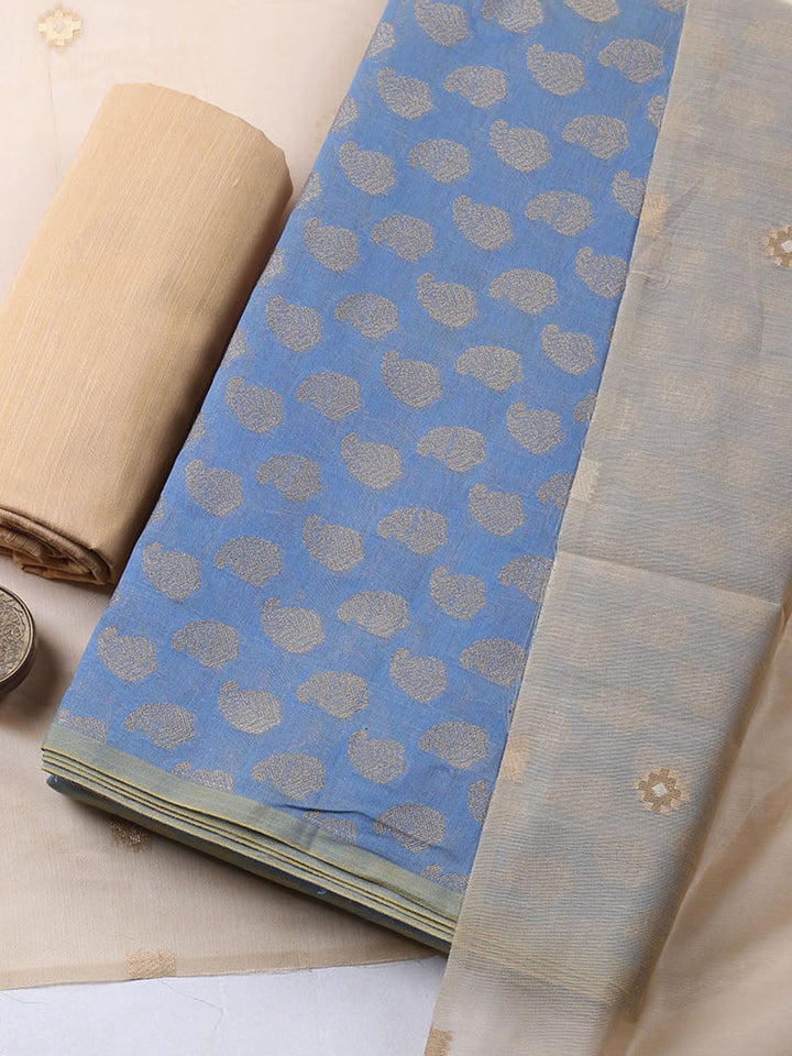 Printed Chanderi Unstitched Suit With Pant &amp; Dupatta