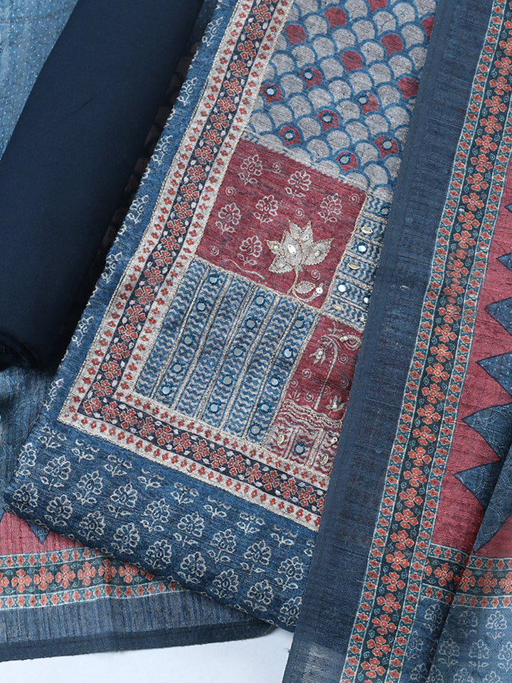 Embroidered Chanderi Unstitched Suit With Pant &amp; Dupatta