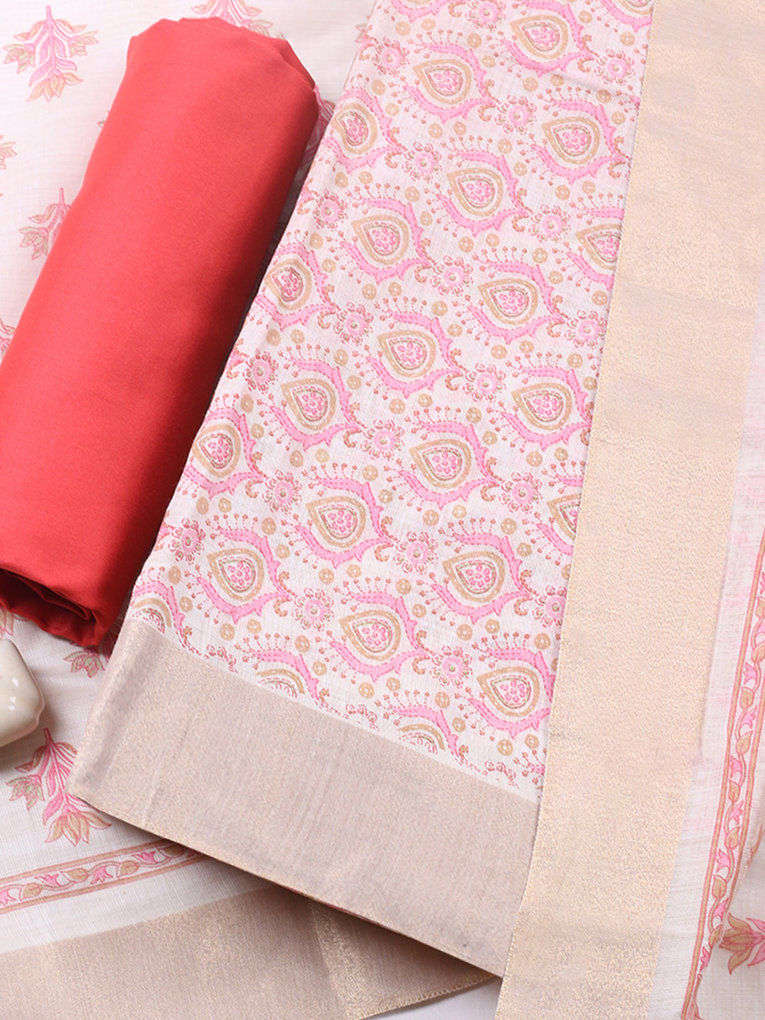 Printed, Chanderi Unstitched Suit With Pant &amp; Dupatta
