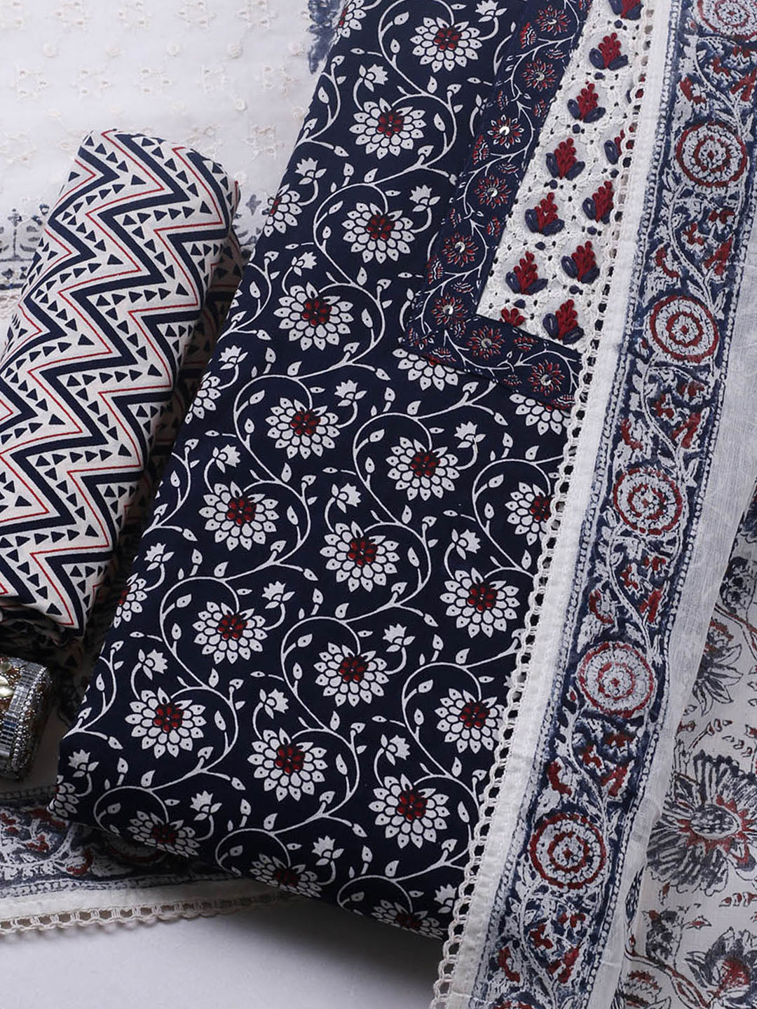 Embroidered Cotton Blend Unstitched Suit With Pant &amp; Dupatta