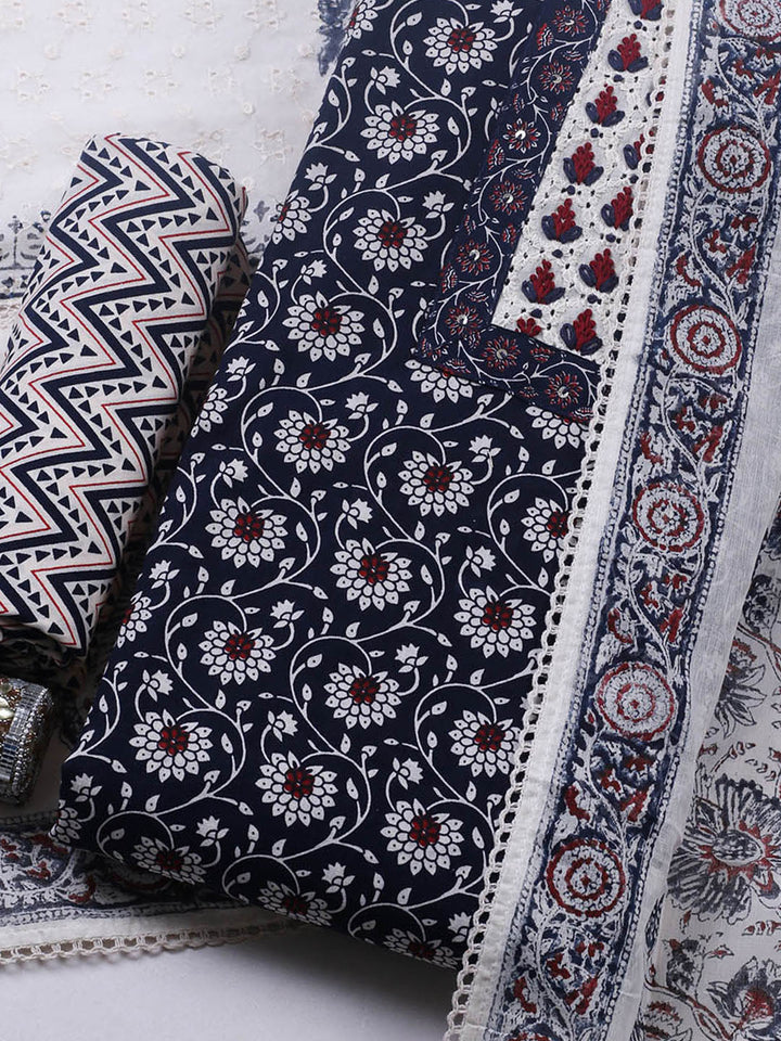 Embroidered Cotton Blend Unstitched Suit With Pant &amp; Dupatta