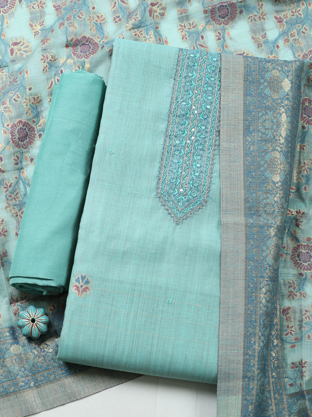 Embroidered Chanderi Unstitched Suit With Pant &amp; Dupatta
