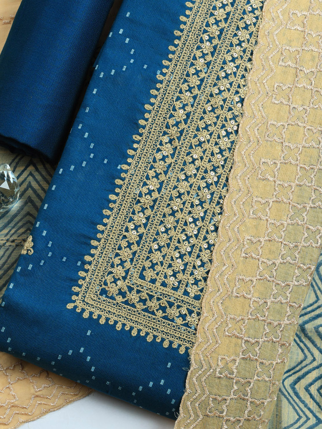 Embroidered Cotton Blend Unstitched Suit With Pant &amp; Dupatta
