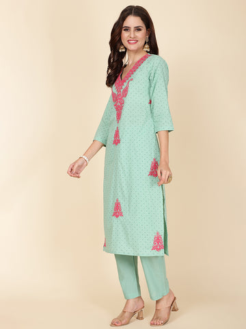 Printed & Neck Embroidered Cotton Kurta Set