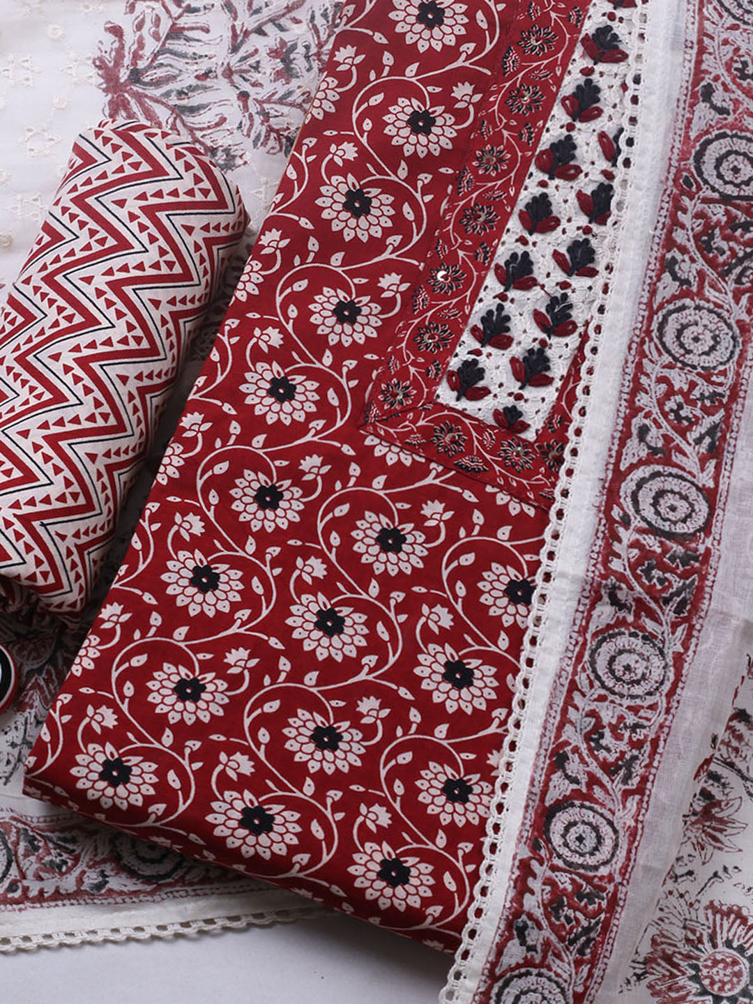 Embroidered Cotton Blend Unstitched Suit With Pant &amp; Dupatta