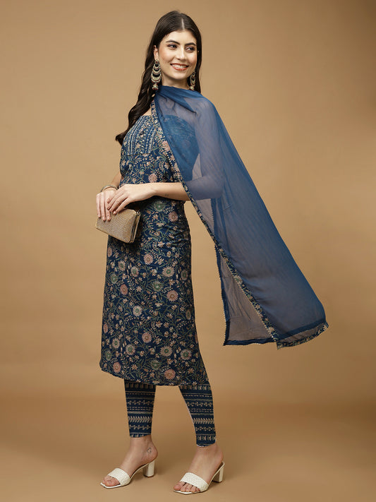 Printed Cotton Blend Unstitched Suit Piece With Dupatta