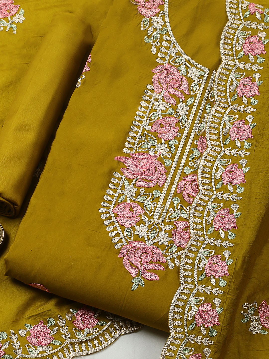 Embroidered Chanderi Unstitched Suit With Pant &amp; Dupatta