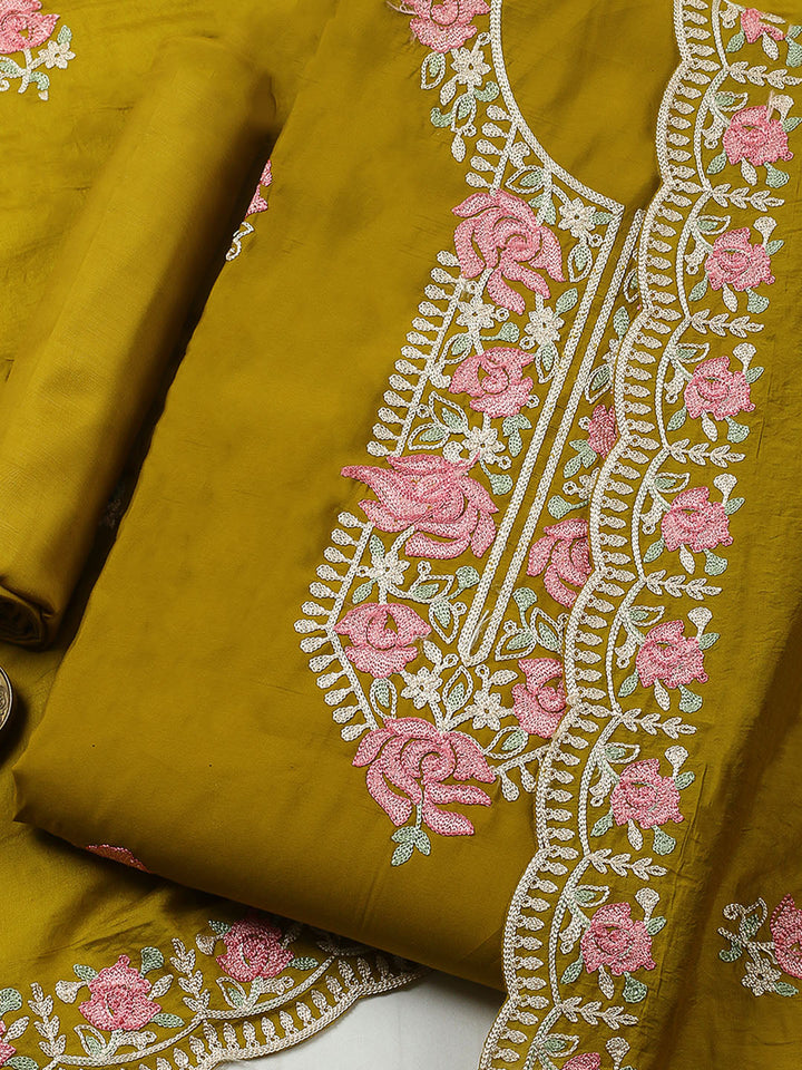 Embroidered Chanderi Unstitched Suit With Pant &amp; Dupatta