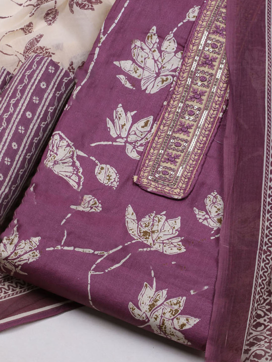 Printed Cotton Blend Unstitched Suit With Dupatta
