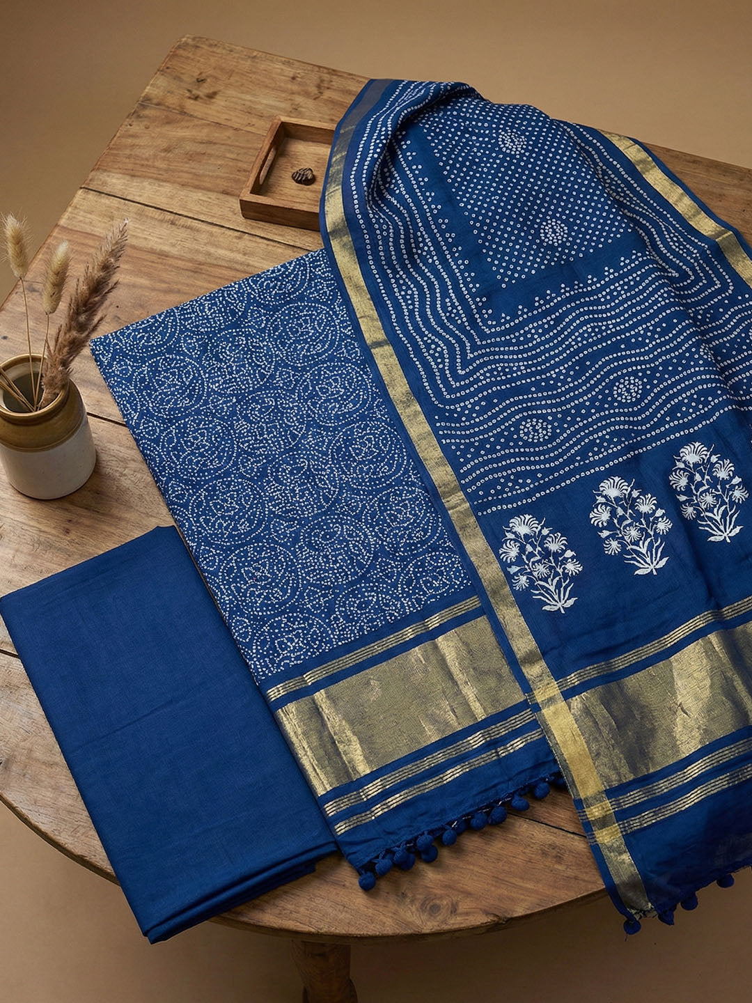 Printed Cotton Blend Unstitched Suit With Pant &amp; Dupatta