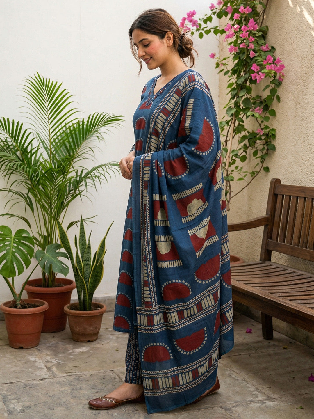 Blue Embroidered Cotton Blend Straight Suit Set With Dupatta