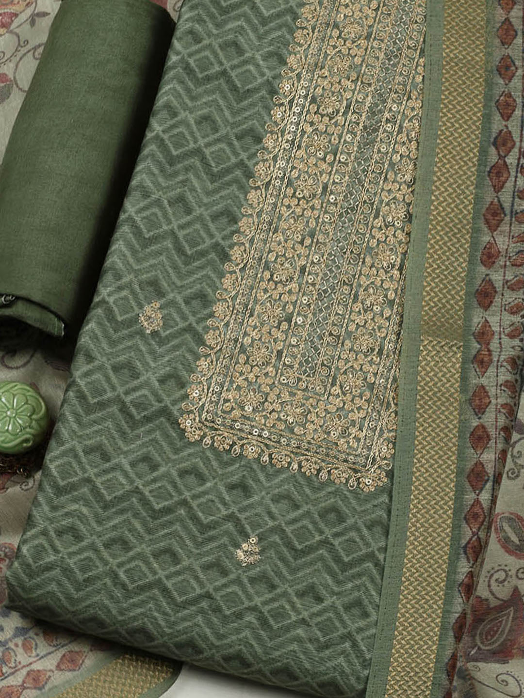 Embroidered Chanderi Unstitched Suit With Pant &amp; Dupatta