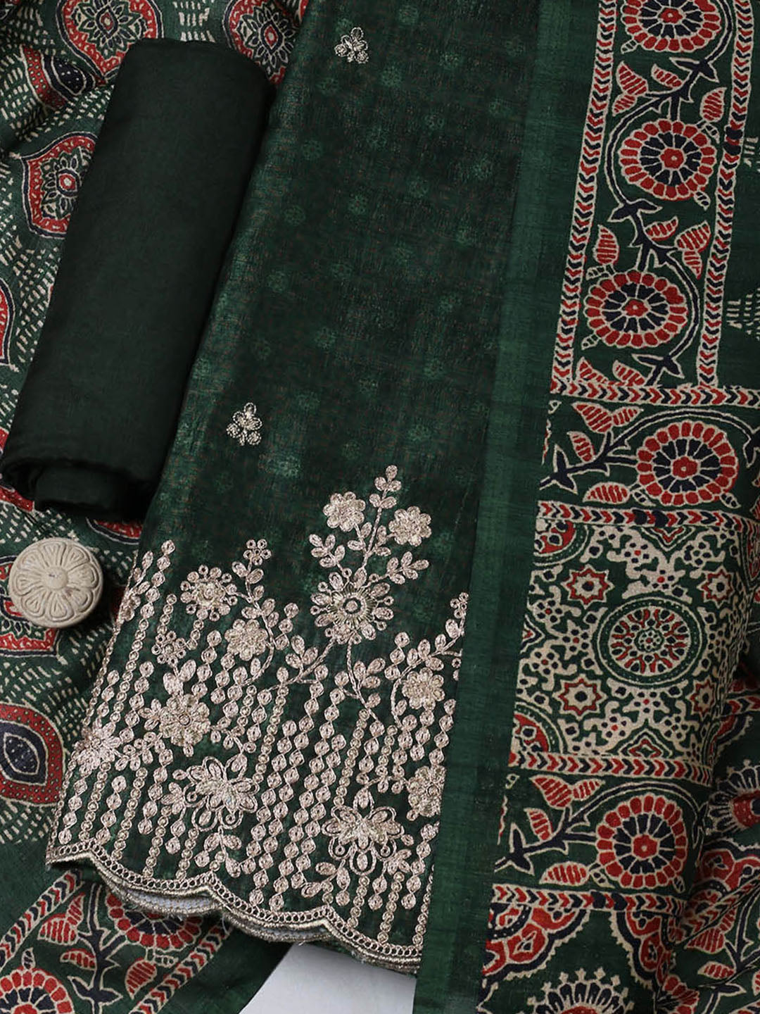 Embroidered Tussar Unstitched Suit With Pant &amp; Dupatta