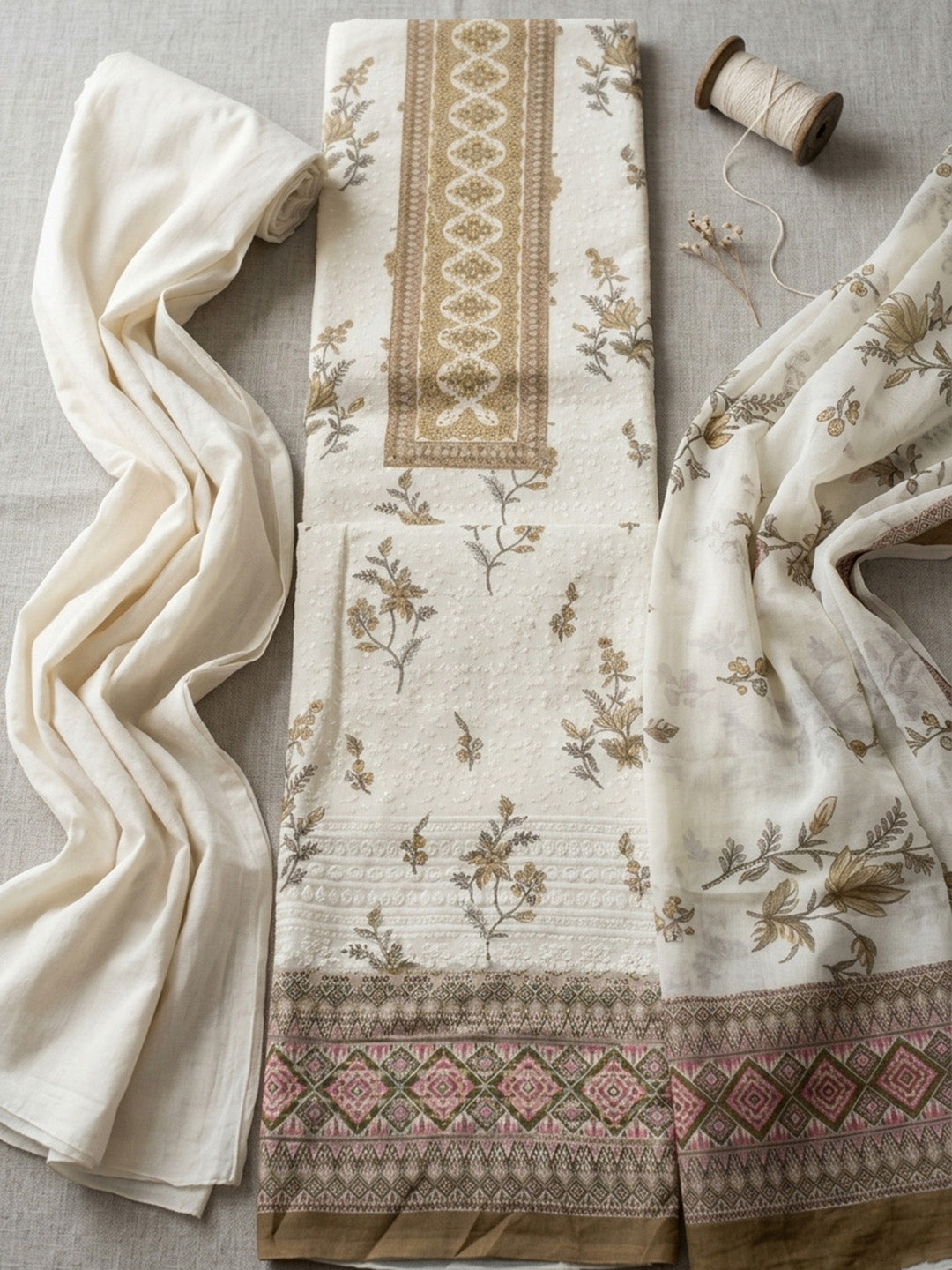 Printed Cotton Blend Unstitched Suit With Pant &amp; Dupatta