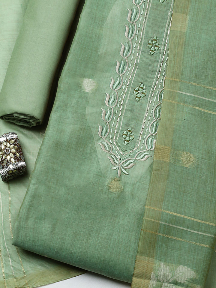 Embroidered Cotton Blend Unstitched Suit With Pant &amp; Dupatta