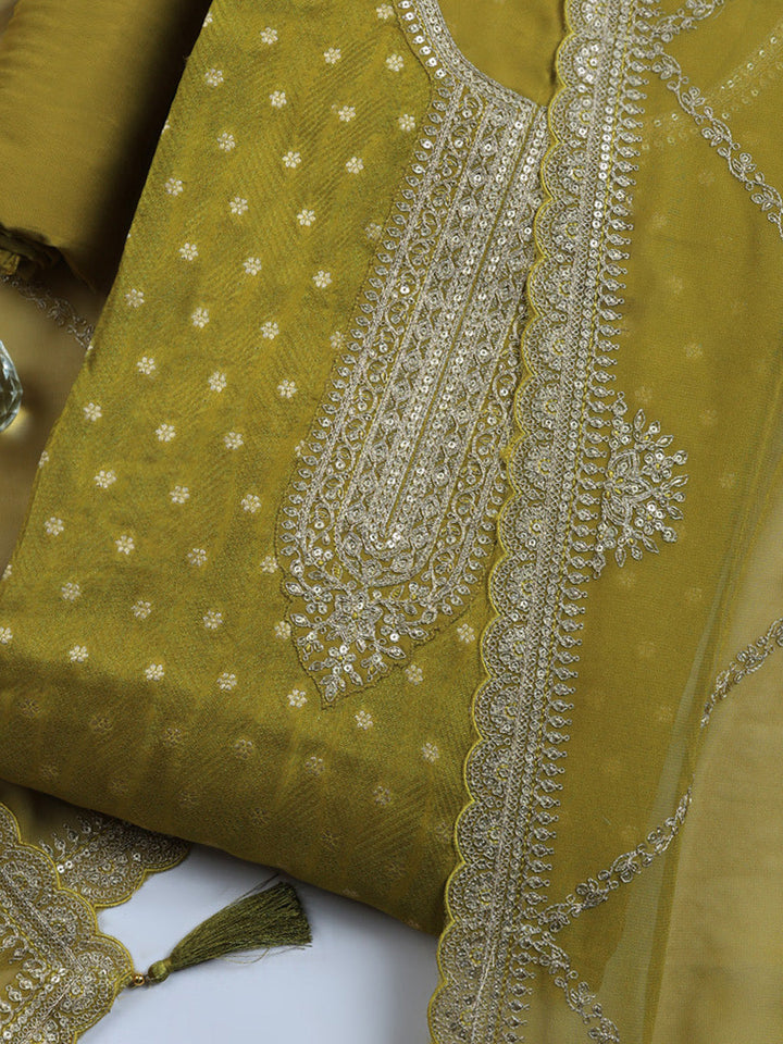 Embroidered Art Silk Unstitched Suit With Pant &amp; Dupatta