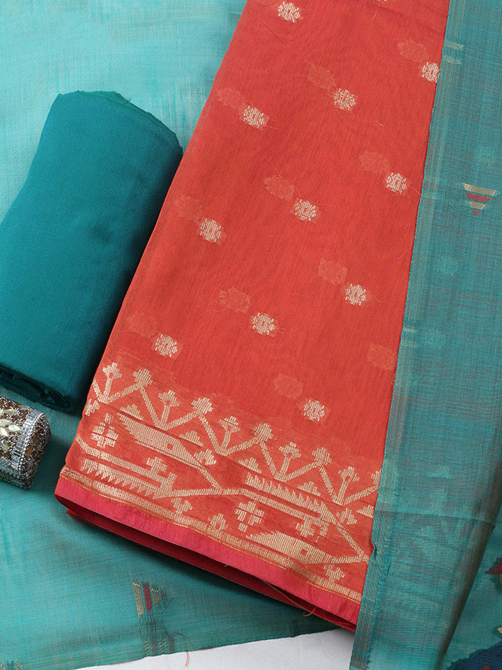 Printed Chanderi Unstitched Suit With Pant &amp; Dupatta
