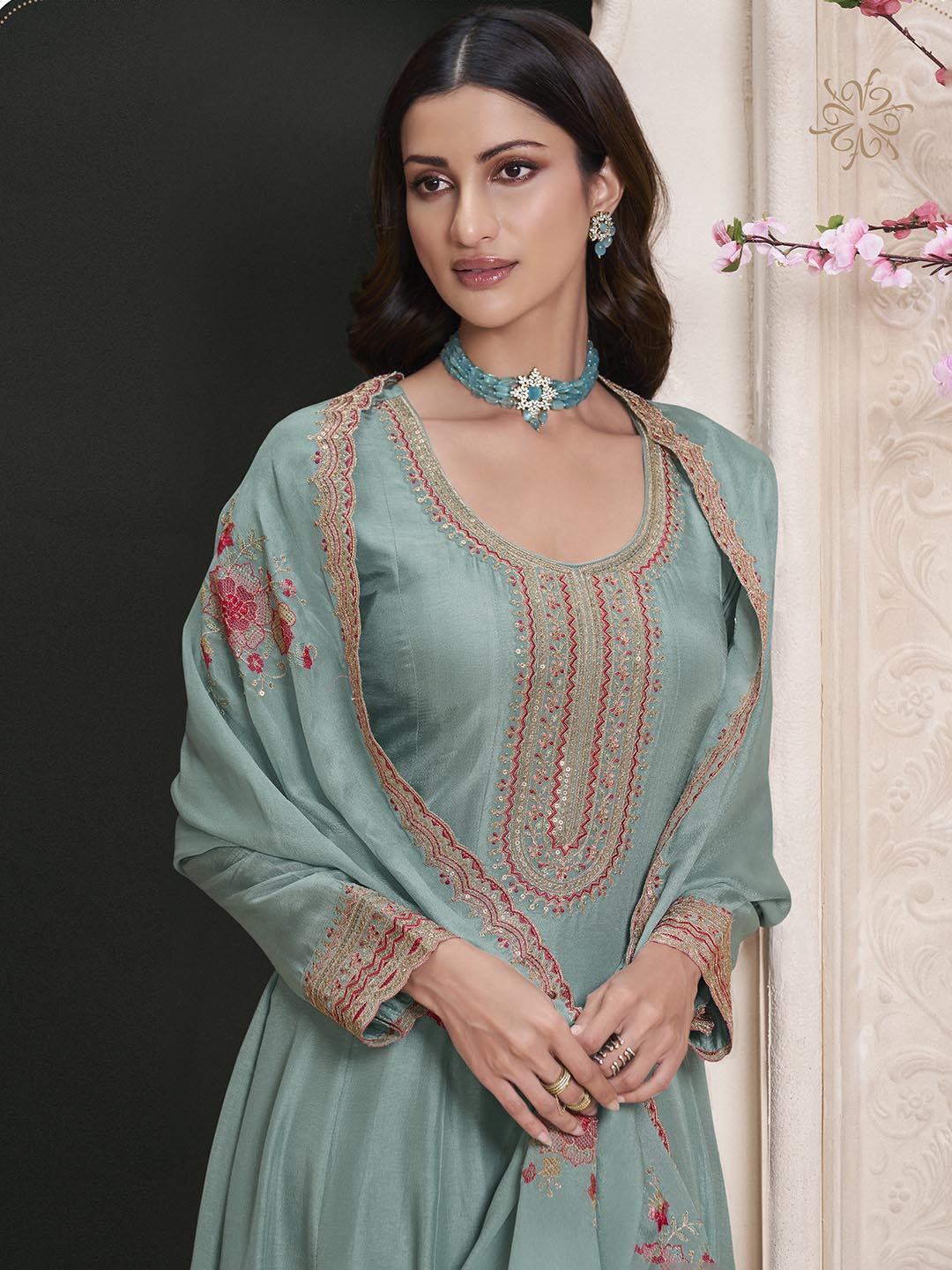 Embroidered Art Silk Unstitched Suit With Pant &amp; Dupatta